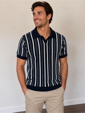 Steel & Jelly Pimlico Knitted Johnny Collar Polo Shirt Vintage Mod Style Mens S